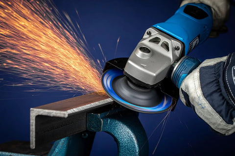 Beast Mode CC Grind Robust Ceramic Disc For Aggressive Metal Grinding With STEELOX VICTOGRAIN Ceramic And Rugged Fiberglass Backing Four And A Half By Seven Eighths Inch Pack Of Ten, showing sparks while grinding metal