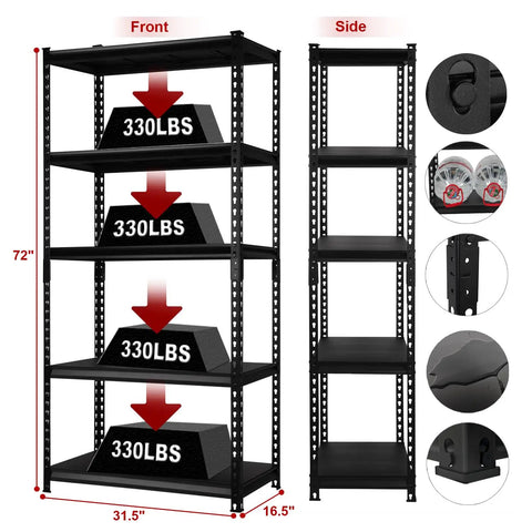 Beefy Heavy Duty Metal 5 Tier Storage Shelves With Adjustable Heights 1650Lb Capacity 330Lb Per Shelf Industrial Organizer