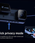 4K 3 Channel Dash Cam With Front Rear And Interior Cameras, 4K 1080P 1080P, showcasing privacy mode activation button.