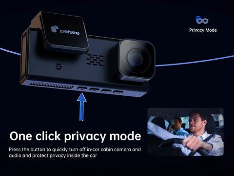 4K 3 Channel Dash Cam With Front Rear And Interior Cameras, 4K 1080P 1080P, showcasing privacy mode activation button.