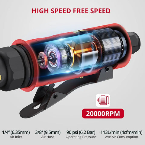 Illustration of Beefy Power 20000 RPM Right Angle Air Die Grinder internal components, highlighting speed and air consumption specifications