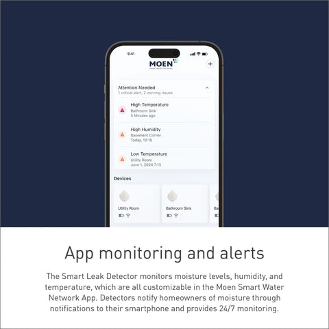 Mobile app interface for Flo Smart Water Leak Detector 3 Pack, showing real-time alerts and monitoring features.