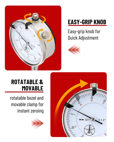 Close-up of dial indicator from Gearhead Pro Grade Cylinder Bore Gauge With Sleeve Height And Counterbore Tool for Diesel Engines