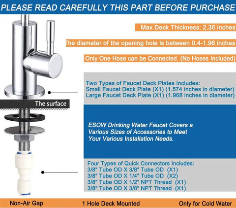 Diagram of Lead-Free Drinking Water Faucet for Home RO Systems, installation details, and connection sizes.