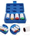 Ditch The Guesswork With These 4pc Drive Lug Nut Sockets That Protect Your Rims Like A Boss. Colorcoded Impact Non-Marring Deep Thin Wall Sockets Make Wheel Repair And Tire Maintenance A Total Breeze For Any Car Owner Looking To Save Serious Cash Today. 4-piece lug nut socket set in blue case, white sockets with color-coded ends