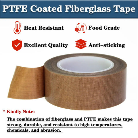 Roll of PTFE coated fiberglass tape showing heat-resistant, food-grade, anti-stick, and quality features.