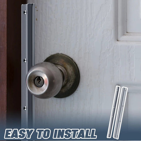 Heavy Duty 2 Pack Steel Door Latch Guard Plates 12 Inch Gray Painted Swing In Entry Door Strike Shields installed on door lock.