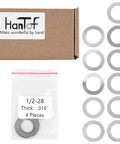 HanTof 1/2-28 barrel shim kit for muzzle brake alignment; front view, 44-pack, 11 thicknesses, metal silver shims.