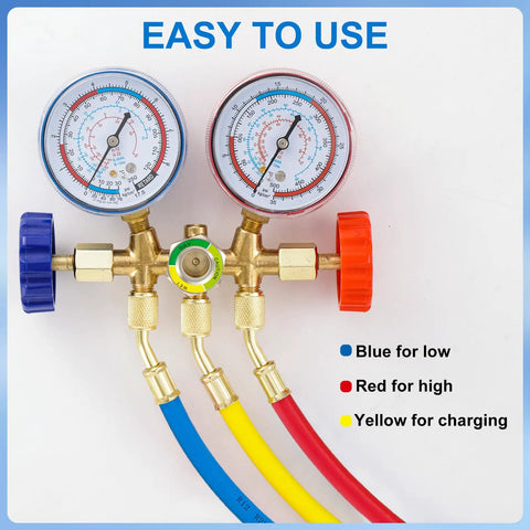 Three Piece 5 Foot AC Manifold Gauge Hose Kit For R404A R12 R502 Refrigerants with color-coded hoses