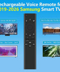 Rechargeable Voice Remote For 2019 To 2026 Smart TVs with USB C Fast Charging shown with compatible Samsung TV models