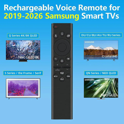 Rechargeable Voice Remote For 2019 To 2026 Smart TVs with USB C Fast Charging shown with compatible Samsung TV models