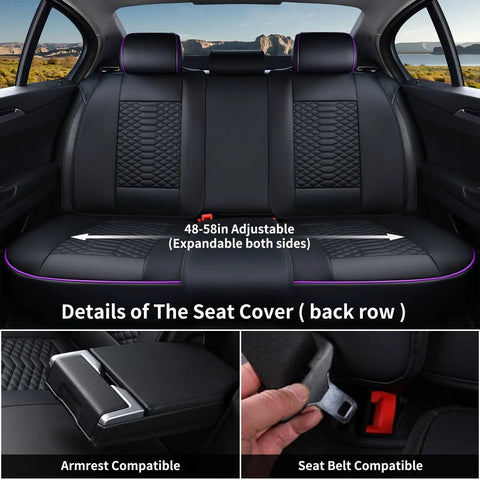 Premium Nappa Leather Car Seat Covers Full Set With Waterproof Protection For 5 Seats Black And Purple Back Row Details
