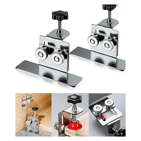 GameChanger Cabinet Door Installation Jig Set Bulletproof Stainless Steel Frame Positioner Tools, close-up view of alignment jigs.