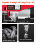 Electric Hoist 1320 Lb Capacity 120V Winch with anti-deformation steel frame, 19-strand wire rope, and metal hook details.