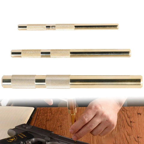 Brass Knurled Drift Punch Kit Three Piece Set with Roll Pin Punches and Chisels for various pin sizes, shown with hand using tool