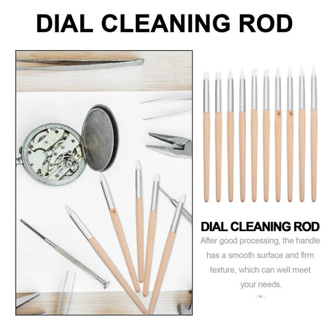 Ten Piece Pro Grade Watch Dial Cleaning Pens With Wooden Handles and assorted watch tools on a workbench