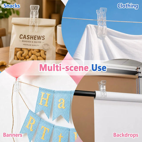 Super Cool Balloon Arch Clips Kit With Transparent Strip And Ring Clips For Epic Party Garland Decor That Looks Clean And Saves You Big Bucks On Fiestas. Clear plastic clips holding snacks, clothing, banners, and backdrops.