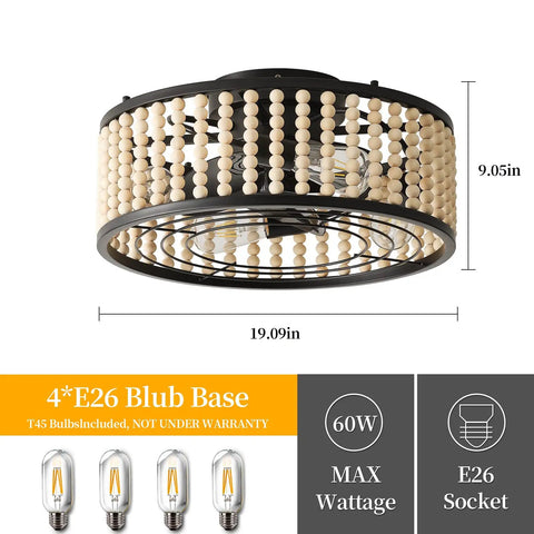 Beaded Caged Ceiling Fan With Lights And Remote 19 Inch Flush Mount Black Finish Bead Trim Design 6 Speeds Reversible Motor