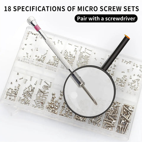 Micro Screw Repair Kit With Precision Screwdriver, 630 silver stainless micro screws in 18 sizes displayed in organized case.