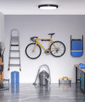 Garage tool organizer wall mount kit with broom holder and shovel hanger, showing heavy duty shelving rack and hanging hooks in use.