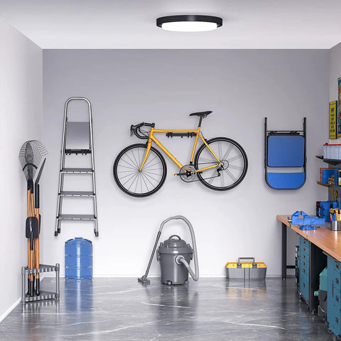 Garage tool organizer wall mount kit with broom holder and shovel hanger, showing heavy duty shelving rack and hanging hooks in use.