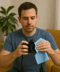 Blue microfiber cleaning cloth for lenses; large 11.5 x 11.5 inches, used to wipe camera lens, front view