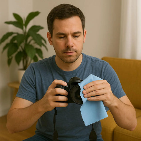 Blue microfiber cleaning cloth for lenses; large 11.5 x 11.5 inches, used to wipe camera lens, front view