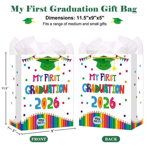 Preschool Graduation Gift Bags With Tissue Paper And Durable Handle 11 Inch My First Graduation Bags For Kids 11.5x9x5 in
