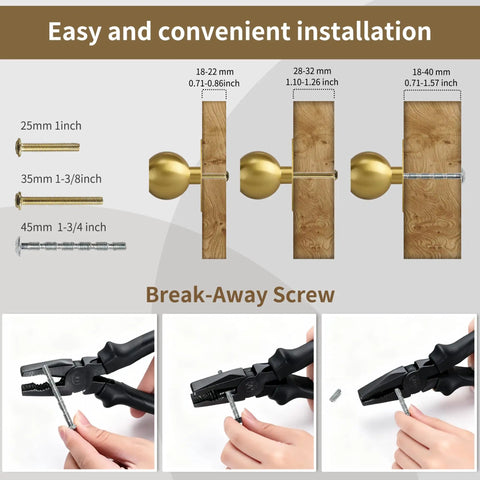 Installation guide for Solid Brass Gold Cabinet Knobs 4 Pack With Star Backplates showing screw sizes and break-away screw process.