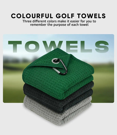 Golf Towel Set Of 3 16x16 Waffle Microfiber Towels With Carabiners And Hooks Includes Club Range Card And Gift Box