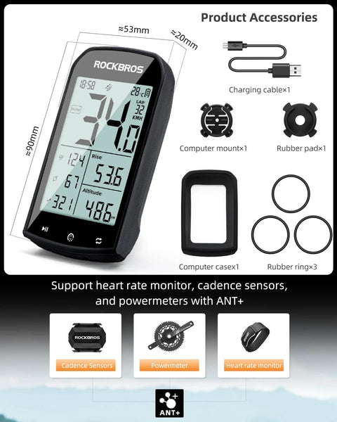 Ride Ready Bike Computer With Four Satellite Systems GPS GLONASS BDS GALILEO ANT Plus Bluetooth Waterproof 2.9 Inch LCD, accessories shown