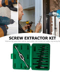 Must-Have Vicasky 11-Piece Broken Bolt Extractor Set With High-Speed Steel Screw Remover Tools For Stripped, Rounded-Off Bolts And Rusty Metal Jobs That Are Total Game Changers. Open green 11-piece HSS screw extractor case