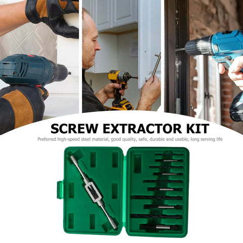 Must-Have Vicasky 11-Piece Broken Bolt Extractor Set With High-Speed Steel Screw Remover Tools For Stripped, Rounded-Off Bolts And Rusty Metal Jobs That Are Total Game Changers. Open green 11-piece HSS screw extractor case