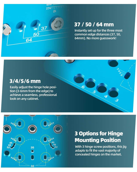 2-In-1 Cabinet Jig With 11-Hole Shelf Pin Guide And Concealed Hinge Drilling Template showing size adjustments and hinge positions.