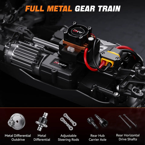 Close-up of the full metal gear train in Brushless One Twelfth Scale RC Car For Adults, Dope 42 MPH 4x4 Off Road Buggy.