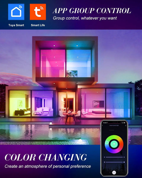 Modern house with colorful lights from Smart Recessed Lighting 4 Pack Ultra Thin 4 Inch RGB LED Downlights 9W 900 Lumen Color Changing Can Lights