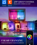 Modern home with colorful LED lighting showcasing app control for Four Pack 6 Inch LED WiFi Recessed Lighting Downlights 12W 1200 Lumen.