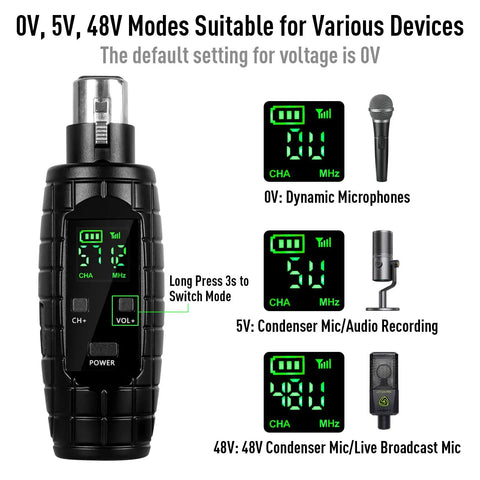 Wireless XLR Transmitter And Receiver System With 48V Phantom Power, 0V/5V/48V Switchable settings display