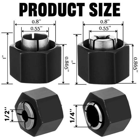 Diagram of 2 Pack Router Collet Kit 1/4 Inch And 1/2 Inch Replacement Set For Dewalt with size measurements.