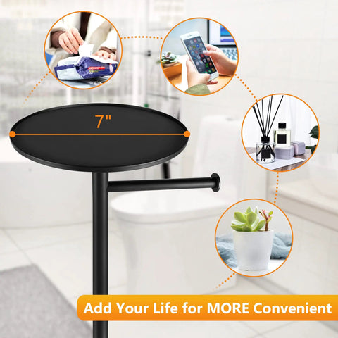 Free Standing Black Toilet Paper Holder Stand With Phone Shelf And Built In Storage, 7-inch top with convenience features