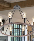 Black Wagon Wheel Light With Eight Lights Rustic Farmhouse Style Ceiling Pendant Outdoor Porch Lantern Durable Weatherproof LED Fixture For Patio Deck Or Garden