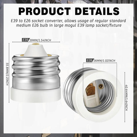 Ten Pack Top Shelf Ceramic Mogul E39 To E26 Socket Converter Adapts Heavy Duty Floodlight Fixtures To Standard Medium Lamp Bases Handles Six Hundred Watts Without Breaking A Sweat For Backyard Or Workshop Lighting, showing E39 to E26 socket details.
