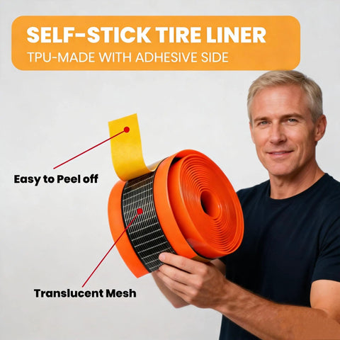 Man holding Two Pack Bike Tire Liners With Self Adhesive Puncture Proof TPU Tube Protectors 40mm Thick, showing peel-off adhesive.