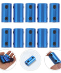 Ten Piece Blue Aluminum Motor Shaft Coupling Connectors 6mm Fit For 3D Printers And CNC Machines showing 10 connectors in a row.