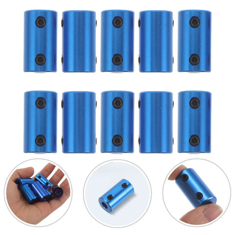 Ten Piece Blue Aluminum Motor Shaft Coupling Connectors 6mm Fit For 3D Printers And CNC Machines showing 10 connectors in a row.