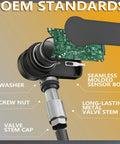 Close-up of Premium Pack Of Four Pre Programmed TPMS Tire Pressure Monitoring Sensors, showcasing valve stem and circuit board.