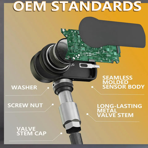 Close-up of Premium Pack Of Four Pre Programmed TPMS Tire Pressure Monitoring Sensors, showcasing valve stem and circuit board.