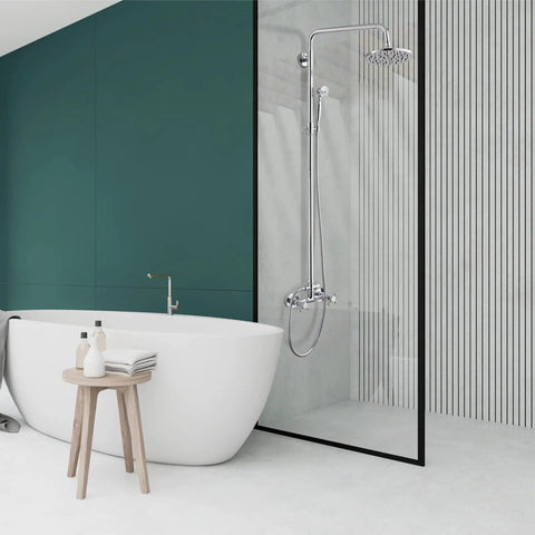 Dual Function Exposed Pipe Shower System With 8 Inch Round Rainfall Head, Brass Fixture, polished chrome finish in modern bathroom