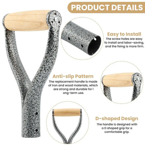 D Grip Shovel Handle Replacement with wooden grips for garden digging and raking tools, iron material, anti-slip design