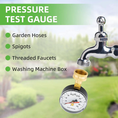 High Accuracy Zero To Two Hundred Psi Water Pressure Gauge for Home Faucets and Garden Hoses with red indicator installed